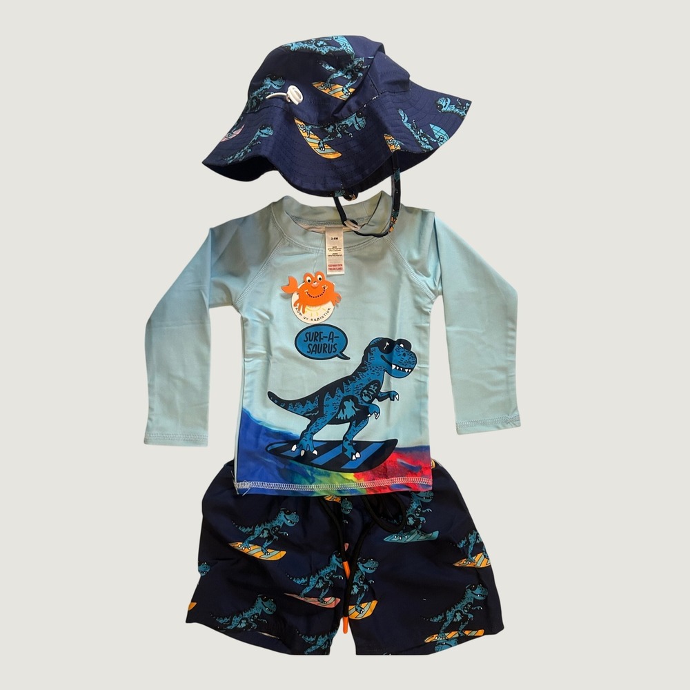 Surf-A-Saurus New Kids 3-Piece Rash Guard Swim Trunks & Bucket Hat 3-6M Blue SET